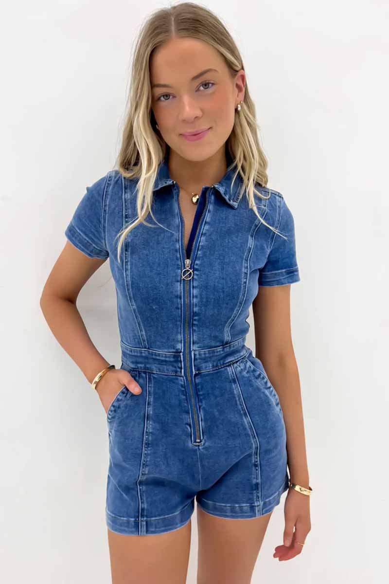 SILENT THEORY Boston Playsuit - Mid Blue