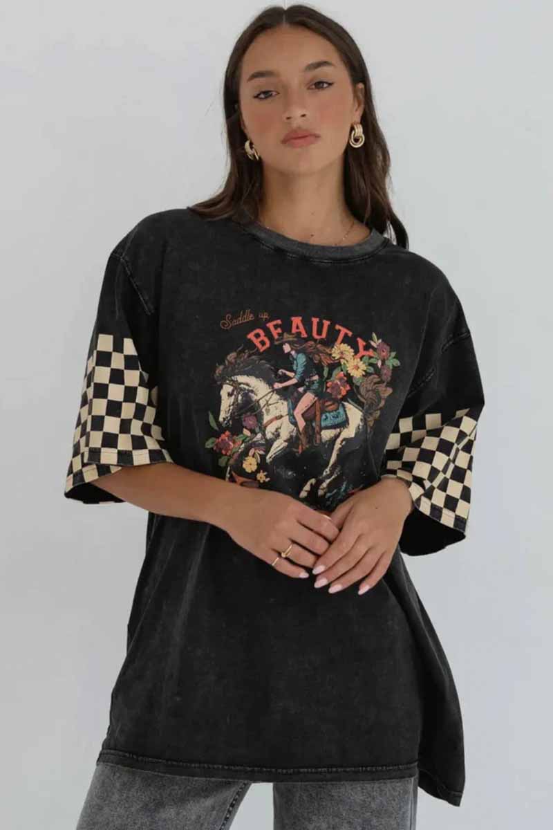 PAPERHEART SADDLE VINTAGE TEE WASHED CHARCOAL FINISH FABRIC COWGIRL & HORSE VINTAGE PRINT ON FRONT DROP SHOULDER SLEEVE WITH BLACK WHITE CHECK ON SLEEVE FRONT VIEW 