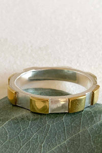 RANCHO DESIGNS The Kuad Ring. Sterling silver band + brass squares