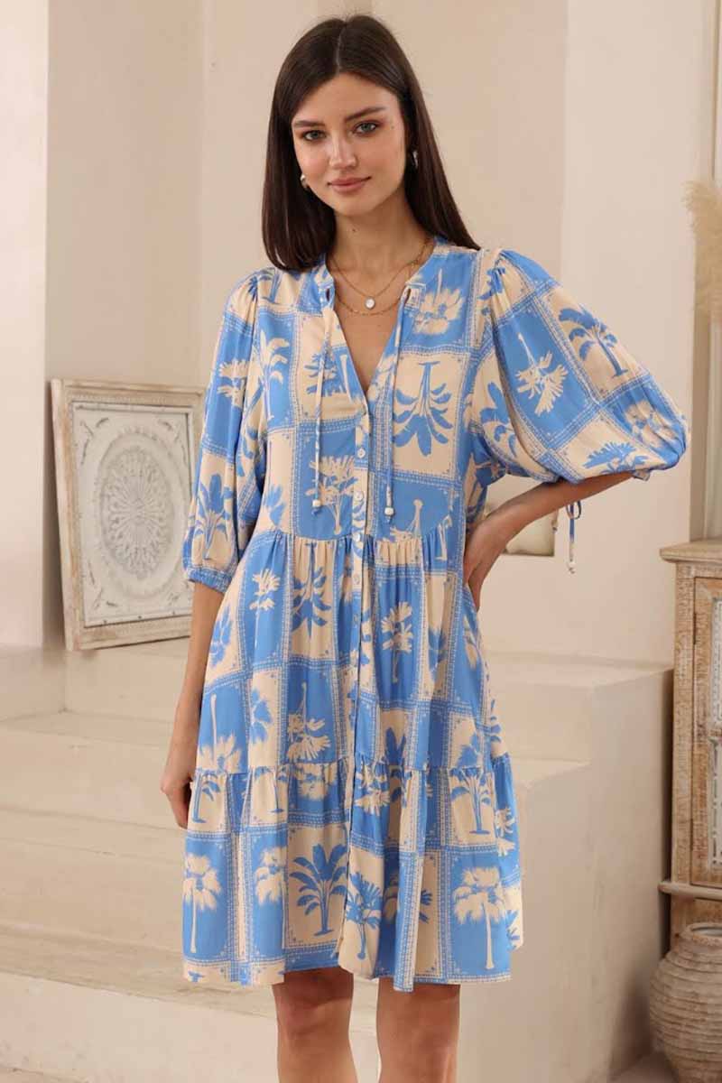 iris maxi loose fitting dress with loose bell sleeve button through front palm print fabric front view 