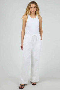 silent theory long loose white linen pant with draw string waist, full view of outfit
