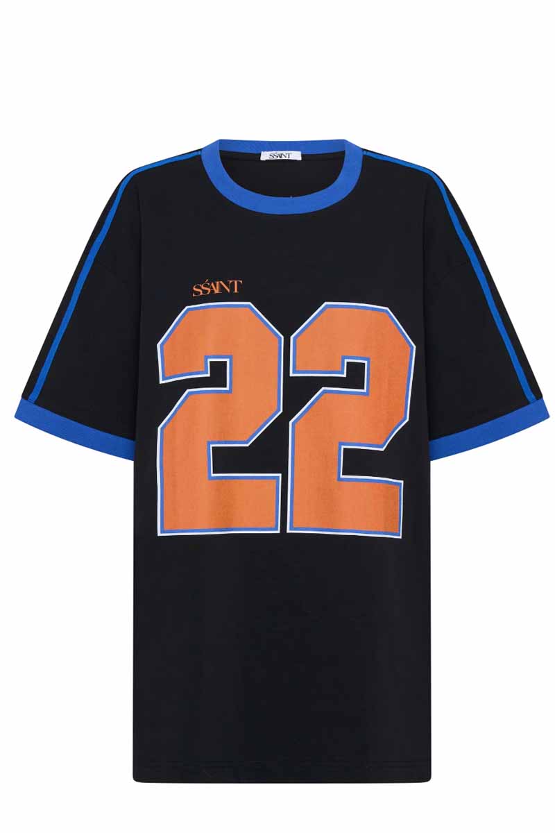 ssaint oversized tee black with big number twenty two in orange on front with blueebinding around neck and sleeve with two stripes on sleeve front view 