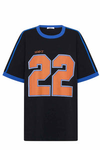 ssaint oversized tee black with big number twenty two in orange on front with blueebinding around neck and sleeve with two stripes on sleeve front view 