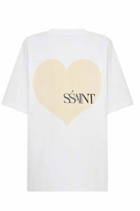 SSAINT oveersized white t shirt with large cream heart with black ssaint writing back view 