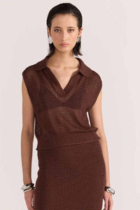 staple the label loose knit, sleeveless polo in deep chocolate colour front view 