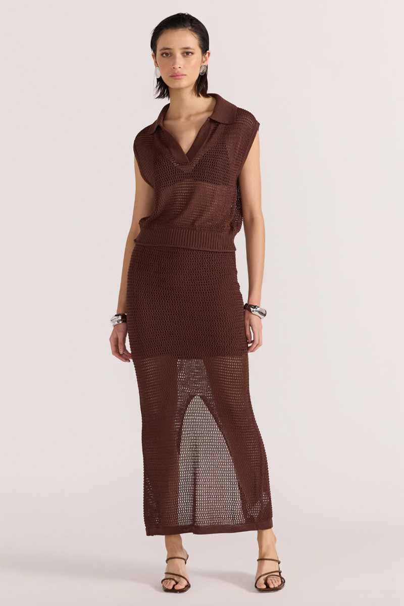 staple the label loose knit, sleeveless polo in deep chocolate colour full mage view