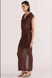 staple the label loose knit, sleeveless polo in deep chocolate colour side view 