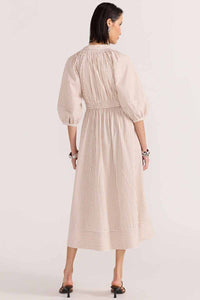 staple the lablel 3/4 sleeve slight puff sleeve dress. Midi length with gather in waist. Back view 