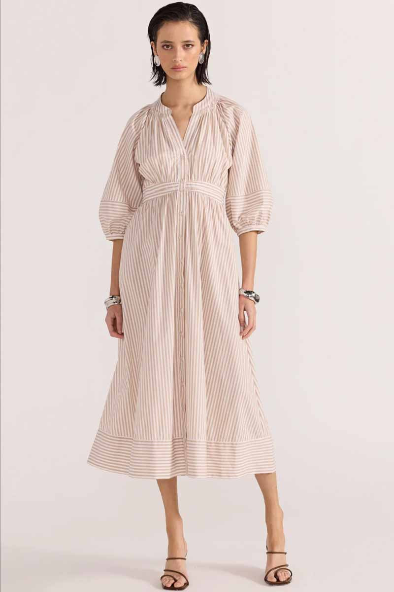 staple the lablel 3/4 sleeve slight puff sleeve dress. Midi length with gather in waist. front view 