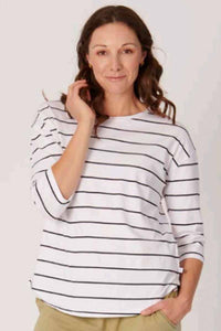 ONE TEN WILLOW Round Neck Tee 3/4 Sleeve - White/Black Stripe