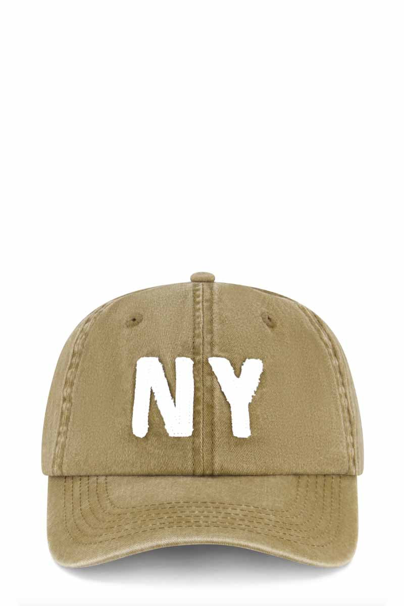 The Laundry Room Trucker Cap with NY embroided in whie on front camel colour 