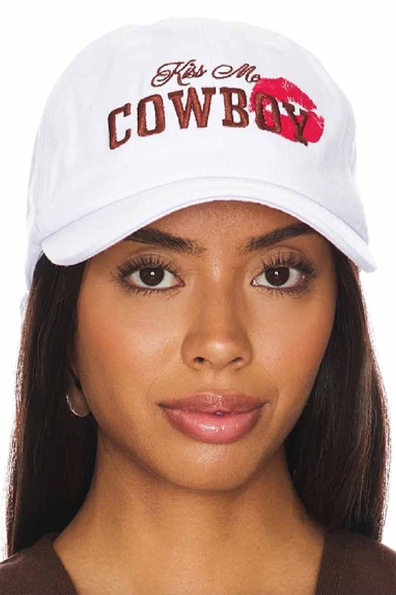 The Laundry Room White Cap with embroided Kiss me cowboy on the front in brown with red lips  